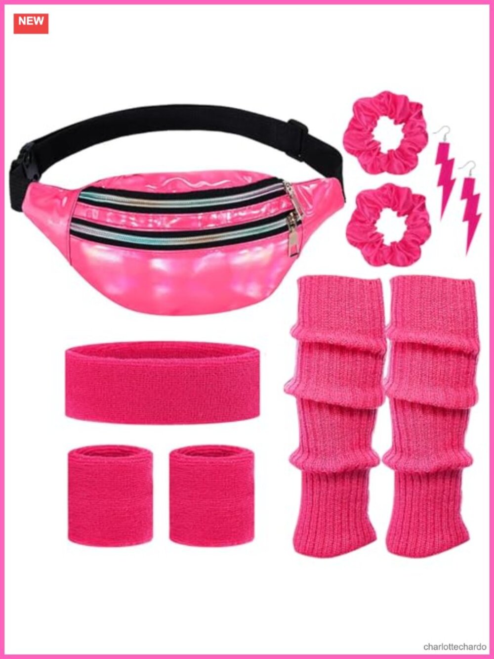 80s Neon Workout Costume Accessories Set Leg Warmers Headband Wristbands Fanny